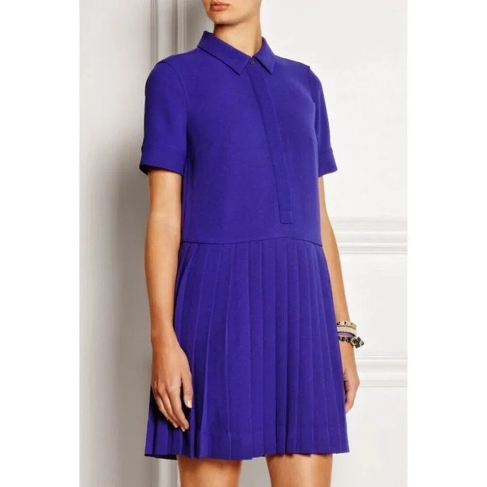 J. Crew Collection Purple Blue Pleated‎ Collared Short Sleeve Shirt Dress Size S